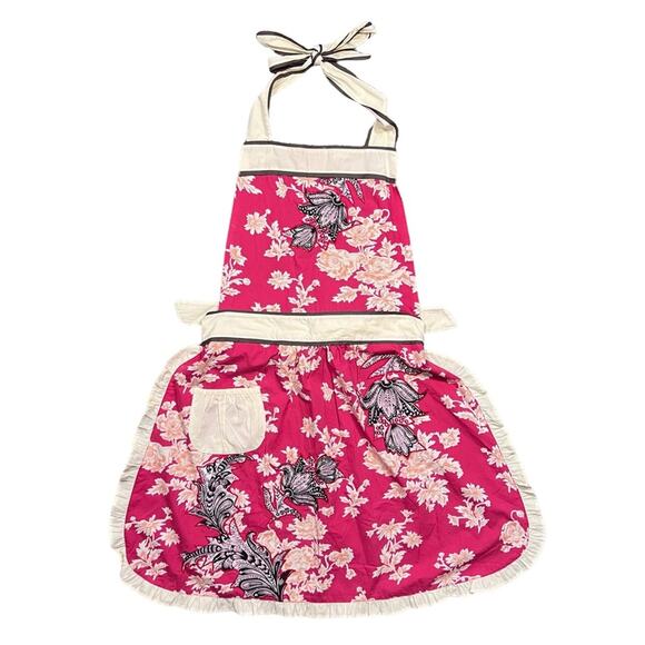 Anthropologie 3D Red Floral Toile Halter Ruffle Pocket Apron Worn On TV One Size - Picture 1 of 7